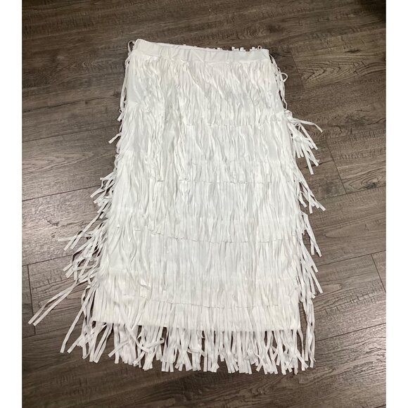 White Fringe Midi Skirt By Shein Size L Elastic Waist Casual Wear Flowing NWOT - Picture 1 of 7